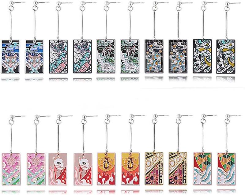 FunBoat 10Pcs Kimetsu No Yaiba Rengoku Mitsuri Necklace Set - Anime Tanjiro Hanafuda Dangle Earrings - Halloween Costume Cosplay Gifts for Men Women