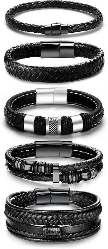 LOWNOUR Black Leather Bracelets for Men Women 5pcs Mens Bracelet Leather and Steel Braided Cuff Bracelets