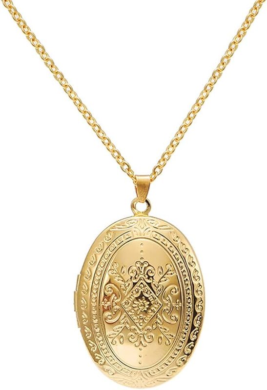 COLORFUL BLING 14k Gold Silver Women Romantic Heart Locket Necklace Engraved Flower Oval Hold Photo Picture Pendant Living Memory Jewelry