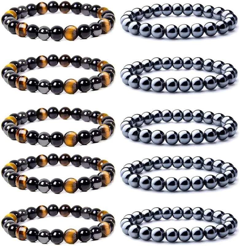 WAINIS 10PCS 8mm Black Hematite Magnetic Bead Therapy Bracelet For Men Women Stone Bracelet Stress Relieving Triple Protection Anxiety Relief Bracelet Jewelry