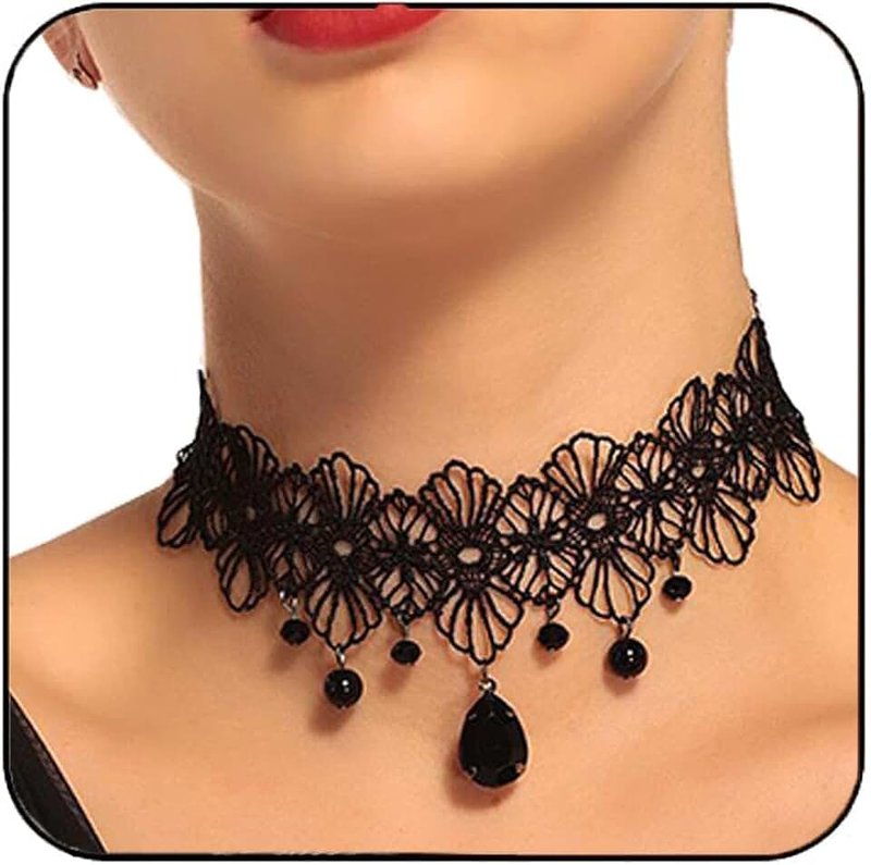 Handcess Black Lace Choker Necklace Crystal Beads Pendant Necklaces Gothic Hollow Flower Choker Jewelry Accessories for Women