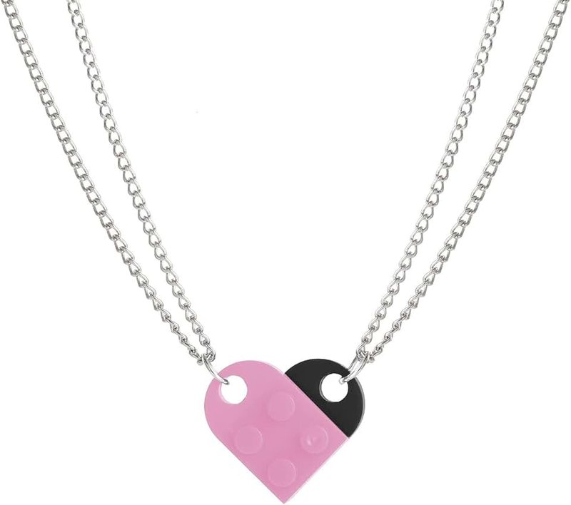 FORUBUS Heart Shaped Brick Necklace for Couples Friends Besties, Heart Pendant 2 Pieces Brick Pendants Compatible with Lego Elements for Women Men Memorial Jewelry