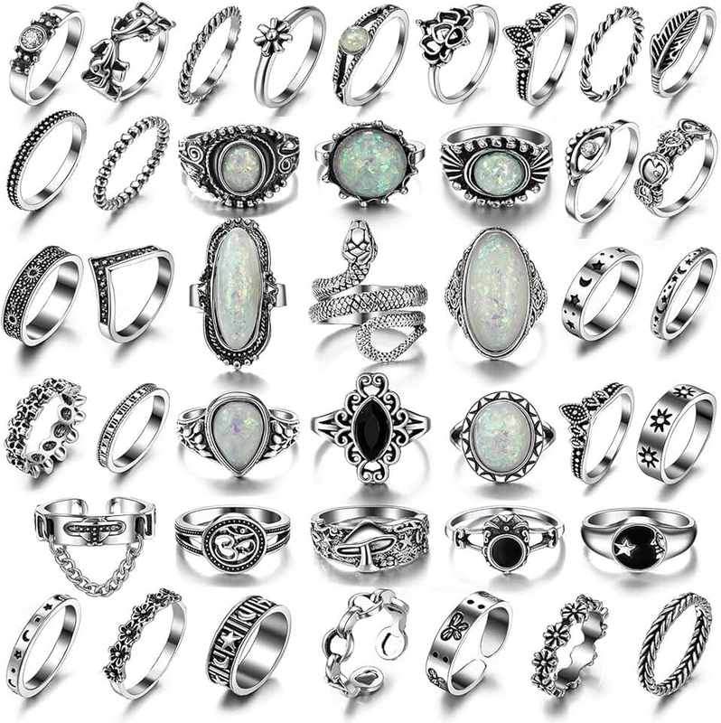 17IF Vintage Silver Knuckle Rings Set for Women Men, Chunky Rings Aesthetic Snake Grunge Stackable Gothic Ring Adjustable Y2K Punk Bulky Boho Finger Alt of Rings, Stacking Fairy Skull Frog Heart Star Flower Midi Ring Pack