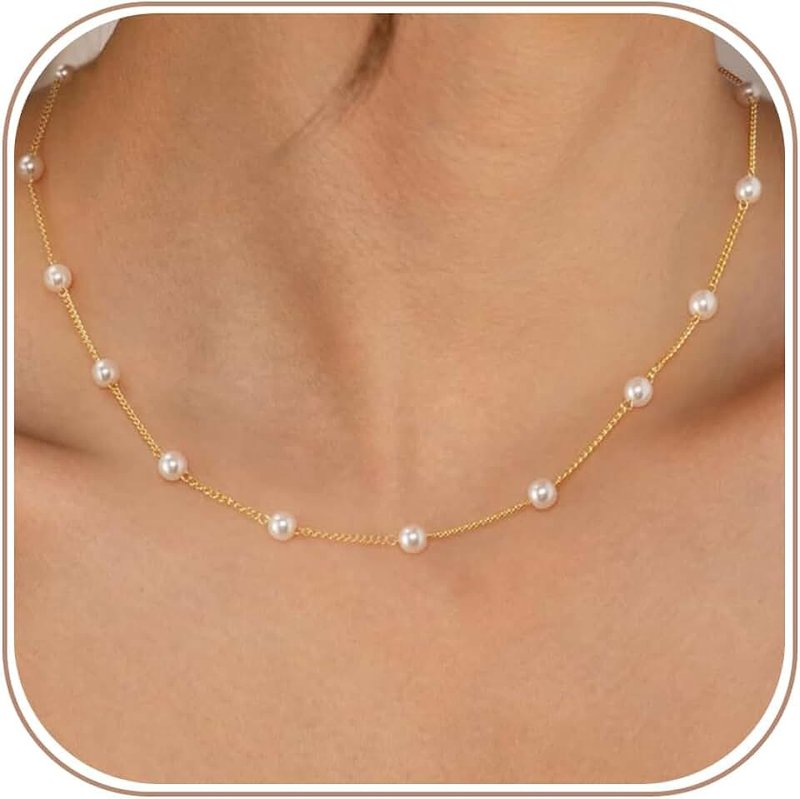 Sewyer Dainty Pearl Pendant Necklaces for Women 14K Gold Plated Handmade Layered Pearl Chain Necklace Delicate Layered Freshwater Pearl Necklace Everyday Jewelry Gift