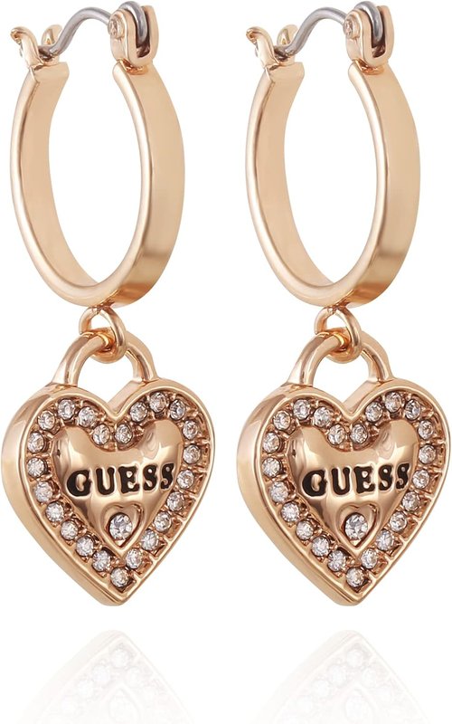 GUESS Goldtone Logo Heart Dangle Charm Hoop Earrings, ONE SIZE, Non-Precious Metal, No Gemstone