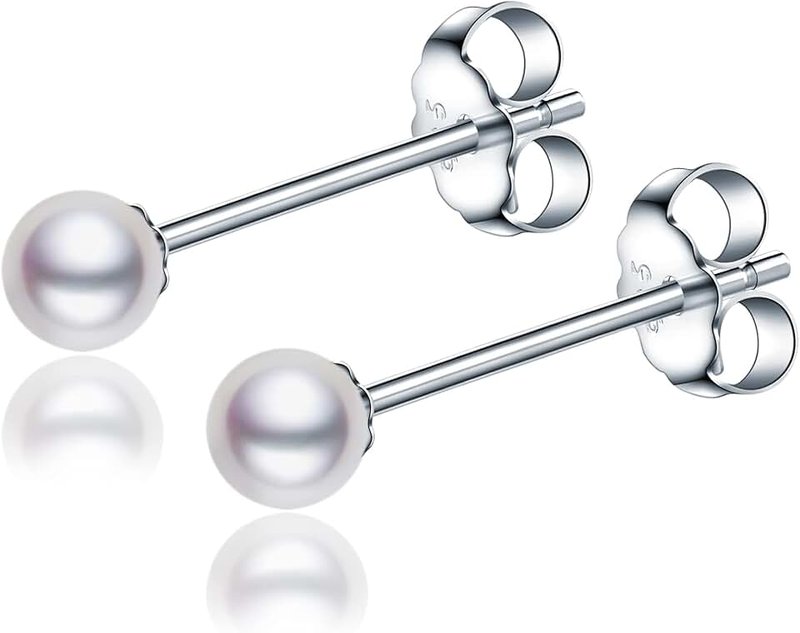 LUCKMORA Pearl Stud Earrings for Women 925 Sterling Silver Sensitive Genuine White Real Round Freshwater Cultured Pearls Everyday Earrings Studs Ladies
