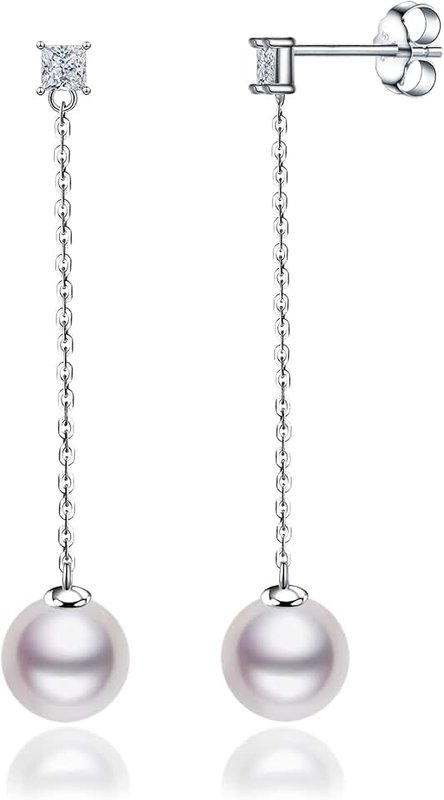 LUCKMORA Pearl Drop Earrings for Women Genuine Silver Dangle Real Round with Long 925 Sterling Silver Chain Cultured Freshwater Pearl Earring Hanging (White-7mm)