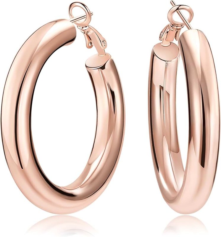 shownii Chunky Gold Hoop Earrings, 14K Gold Plated Chunky Tube Hoop Earrings for Women Lightweight Thick Hoops