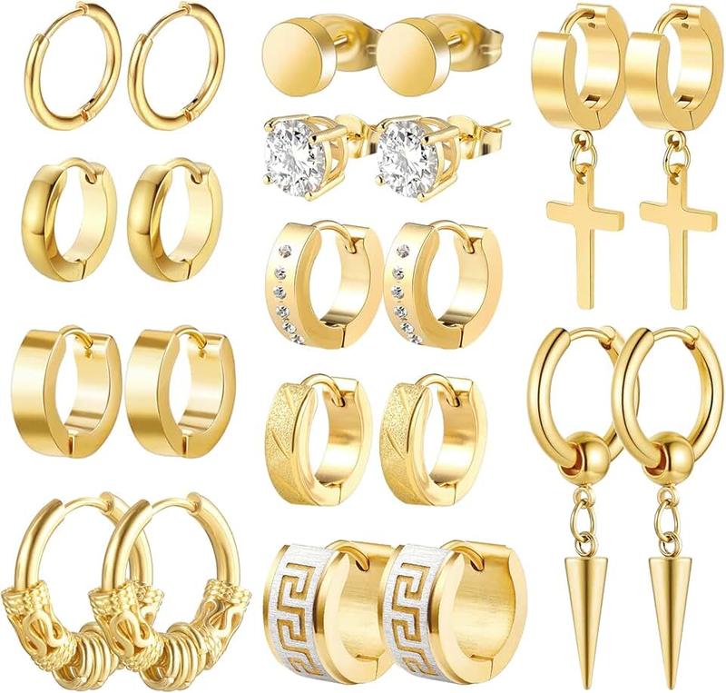 Funtopia Men Earrings, Funtopia 11 Pairs Stainless Steel Small Hoop Earrings Cross Dangle Earrings Set, Fashion Huggie Earrings Piercing Jewelry for Party Birthday
