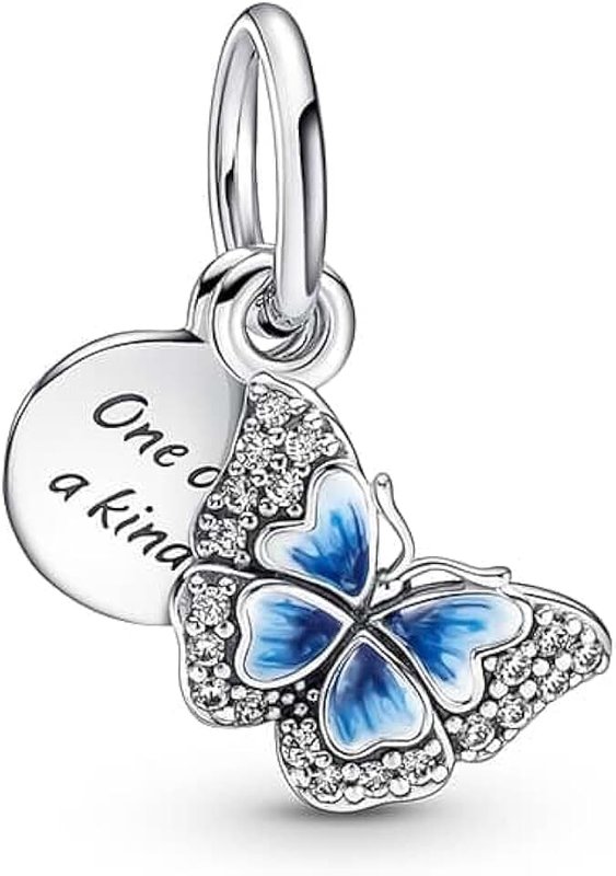 PANDORA Moments Women's Sterling Silver Blue Butterfly & Quote Double Dangle Charm