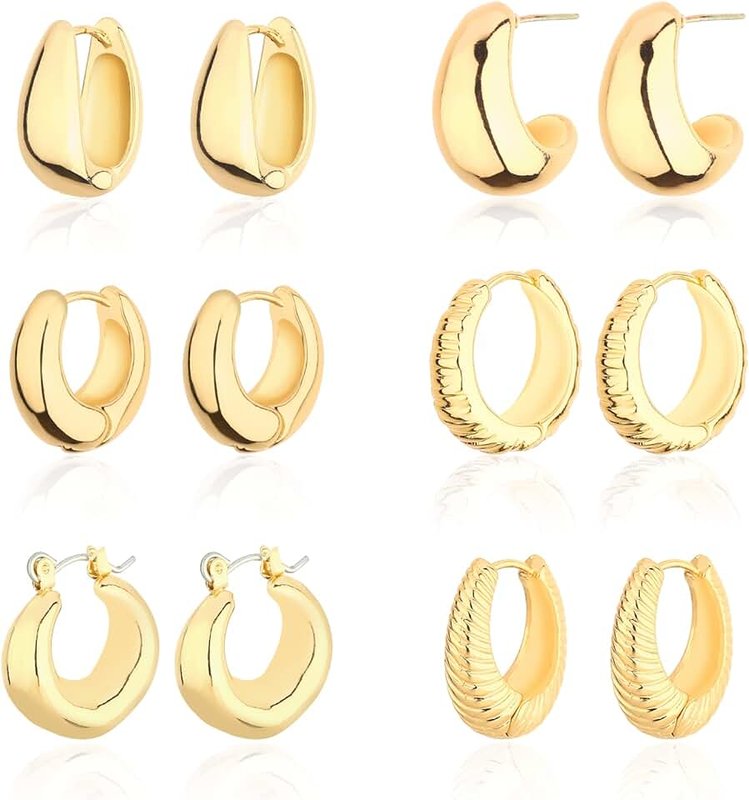 wgoud Chunky Hoop Earrings Set 14K Gold Hoop Earrings for Women Hypoallergenic, Thick Hoops Earring set, Twist Huggie Hoop Earring