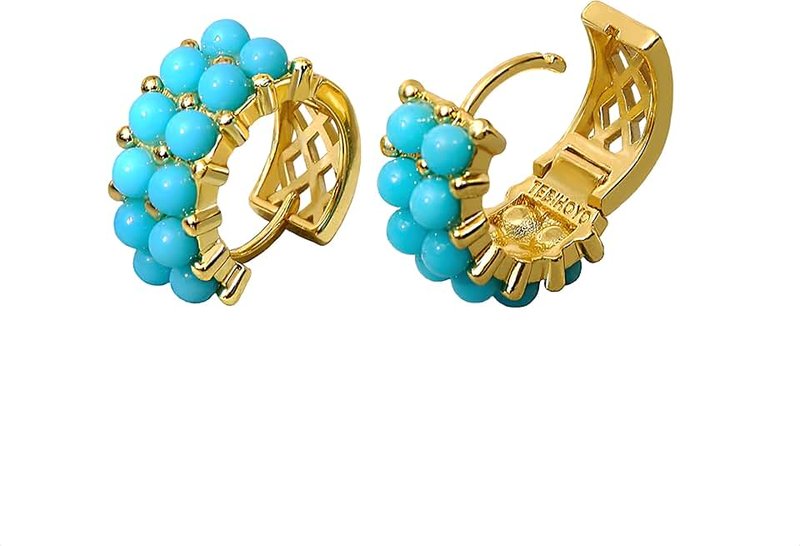 TEBIHOYO Simulated Turquoise Huggie Hoops Earrings For Women-Small Gold Plated, Boho Unique Dainty Everyday Wear