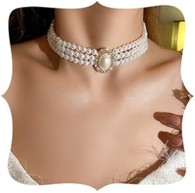 Octwine 3 Tier Dainty Boho 1920s Rhinestones Pearls Rhinestones Short Choker Necklace Chain Multilayer Choker Big Rhinestones Pendant Necklaces Prom Party for Women and Girls