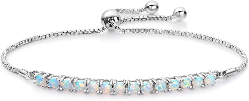MDFUN Bracelet for Women 18k White Gold Plated Created Round Opal Cubic Zirconia Adjustable 6.7-8.5 inches