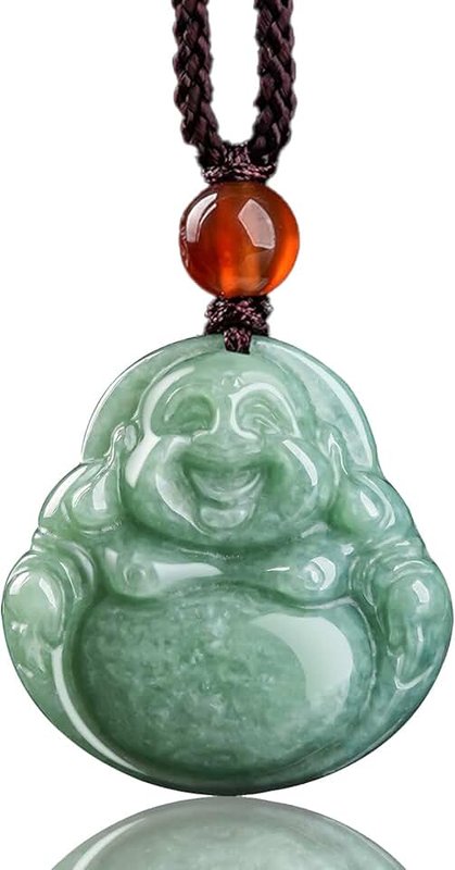 BJIMIDTI Jade Pendant Green Natural Real Laughing Buddha Necklace - Good Luck 925 Silver Chain Amulet Jewelry Gifts