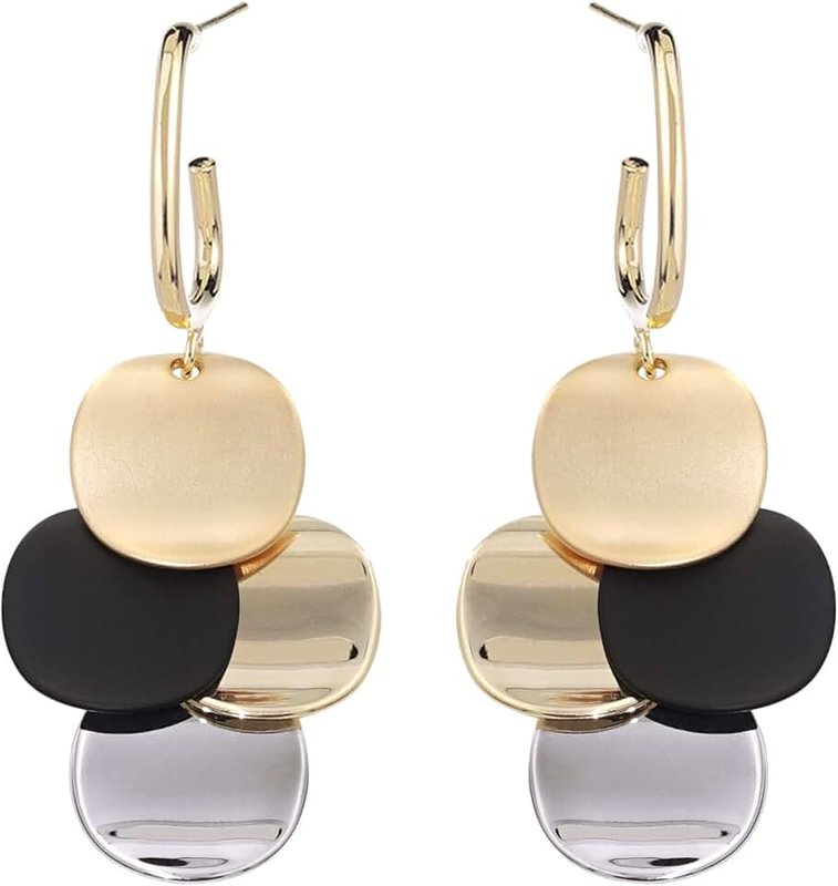 SinglinArt Black White Earrings for Women Girls Gold Plated Dangle Drop Fashion Geometric Statement Jewelry