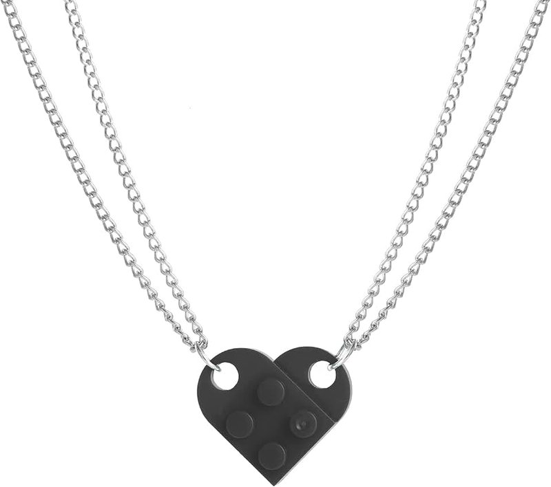 COLORFUL BLING Bricks Assembled Pendant Necklace Heart Shape Matching Geometric Block Charms Valentines Day Friendship Creative Jewelry Gift for Couple Lover Best Friends