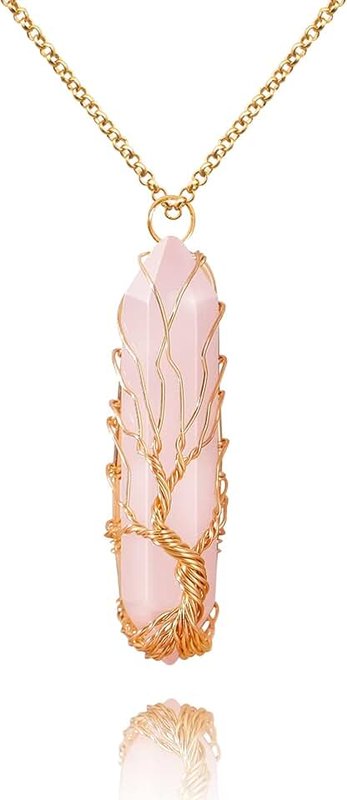 VIBILIA Healing Crystal Necklace Tree of Life Wire Wrapped Natural Stone Point Pendant Necklace Hexagonal Reiki Spiritual Quartz Gemstone Jewelry for Women Men