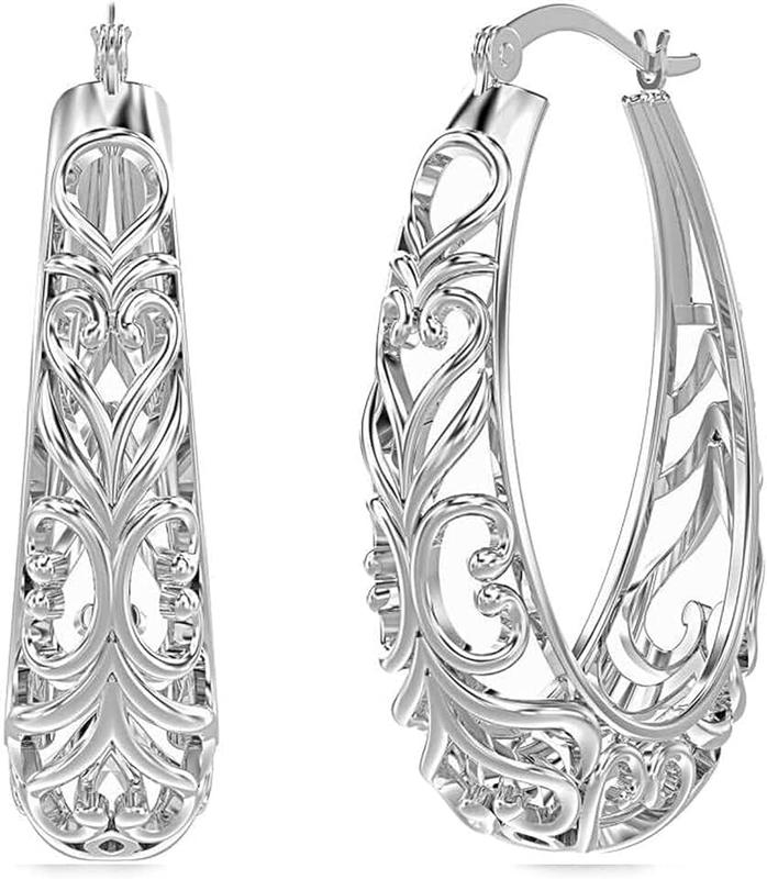 LeCalla 925 Sterling Silver Hoop Earrings | Women's Filigree Hoop Earrings | Openwork Mesh Filigree Cut Earrings | Lightweight & Hypoallergenic Vintage Hoop Earrings for Women