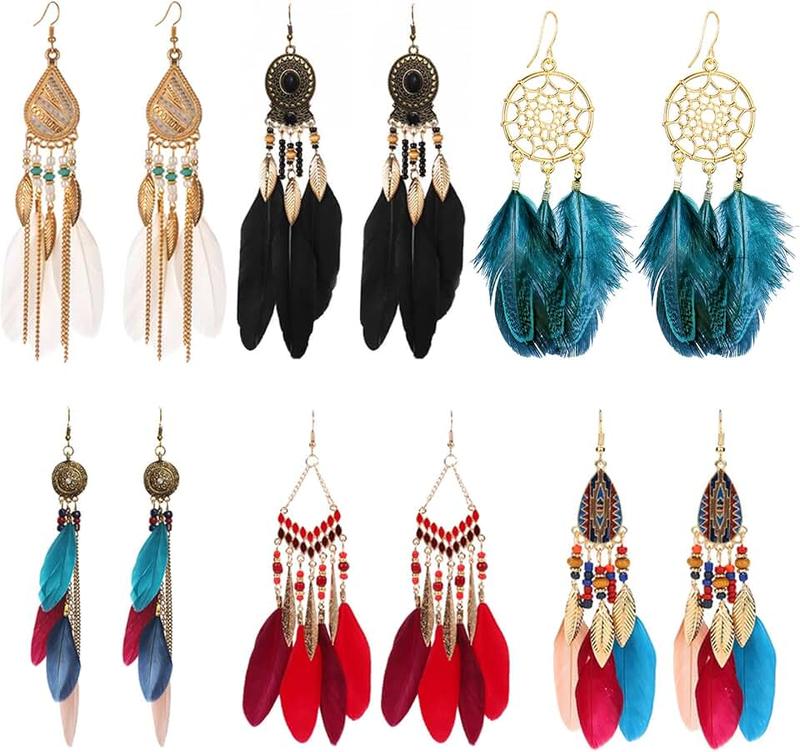 Jodsen Bohemian Feather Earrings,6 Pairs Bohemian Faux Feather Earrings Feather Tassel Ethnic Retro Boho Dangle Earring Feather Bohemian Fringe Earrings Tassel Long Drop Dangle Earrings for Women