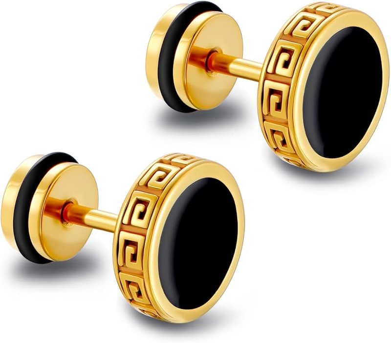 Silver deer Hypoallergenic earrings for men,Mens surgical steel black stud earring jewelry,Great Wall wall grain round cake shape,Single black gel 0.4 inches wide