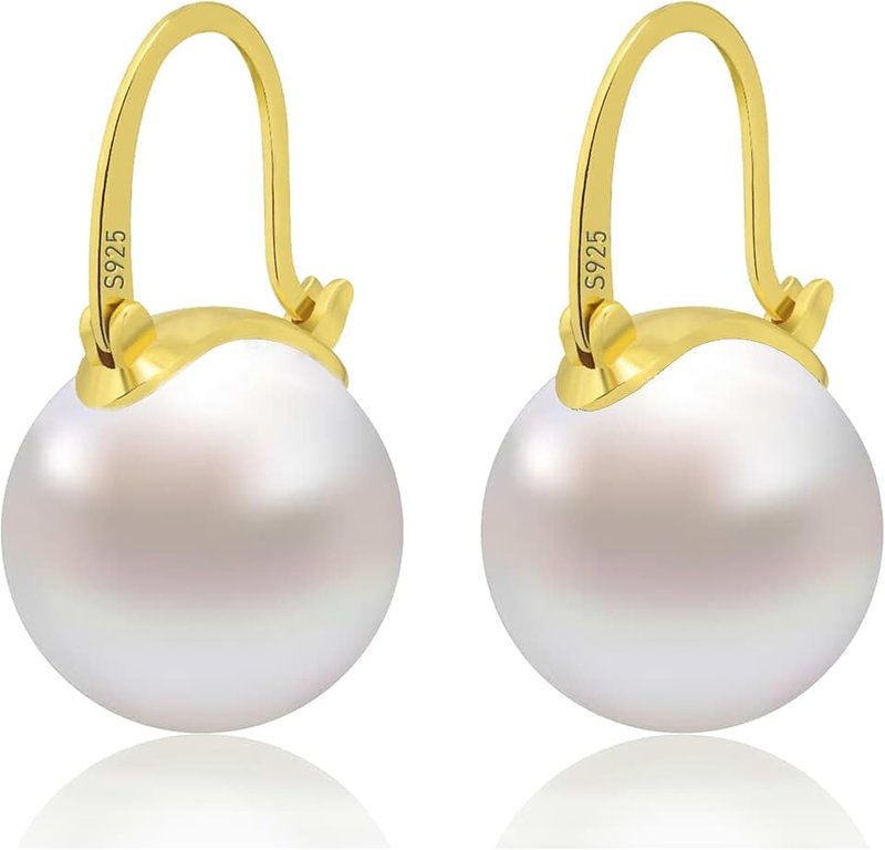 HUGE TOMATO Pearl Drop Earrings, 14mm Elegant Big Pearl Earrings 925 Sterling Silver 14K Gold Plated Clasp for Women Fashion, Dangle Hoop Earrings for Gift