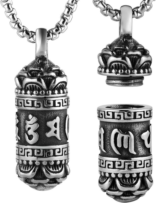 STWTR Tibetan Buddhist Meditation Stainless Steel Pendant Memorial Cremation Ash Pill Container Necklace Men Women Comes With 23.6 Inch Necklace, Stainless Steel, Not Known