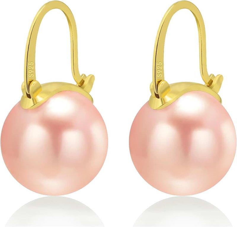 HUGE TOMATO Pearl Drop Earrings, 14mm Elegant Big Pearl Earrings 925 Sterling Silver 14K Gold Plated Clasp for Women Fashion, Dangle Hoop Earrings for Gift