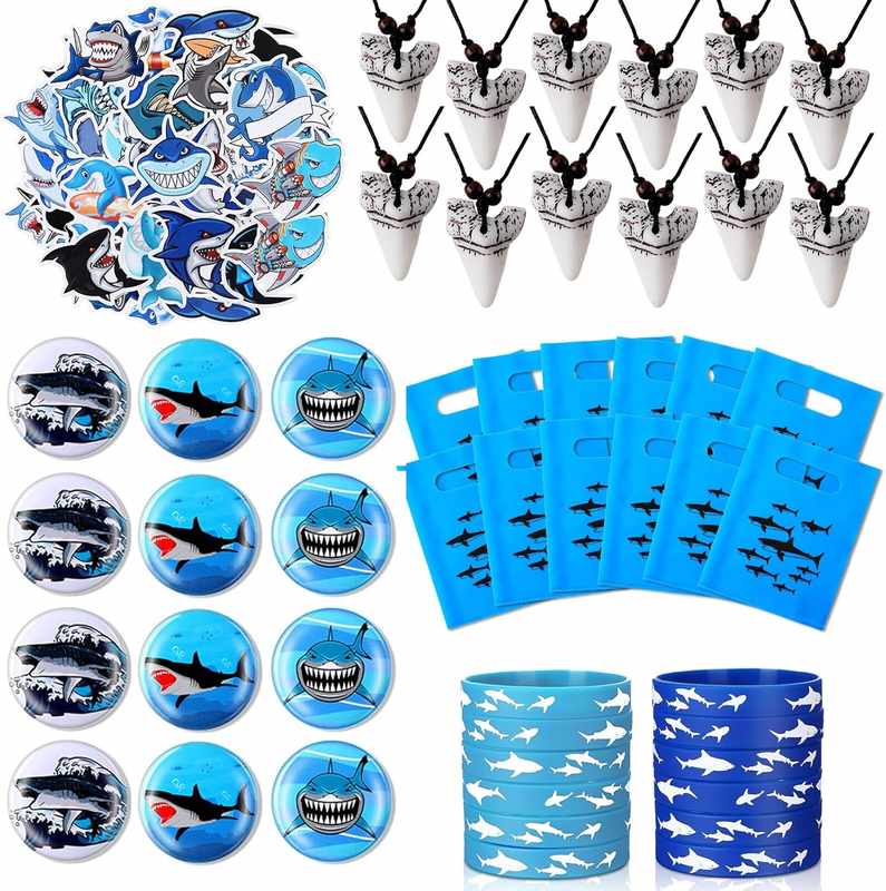 110 Pcs Shark Party Favors, Shark Keychains, Shark Tooth Necklaces, Silicone Bracelet Wristbands, Shark Button Pins, Shark Gift Bags and Stickers for Kids Birthday Party Supplies Ocean Sea Baby Shower