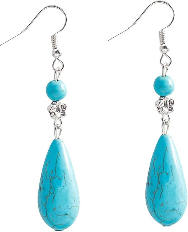 YUNCHONGuk Long Waterdrop Dangle Earrings for Women Natural Gemstone Turquoise Dangle Earrings Hook Earrings Bohemian Ethnic Retro Earrings Jewelry Gift for Women and Girls