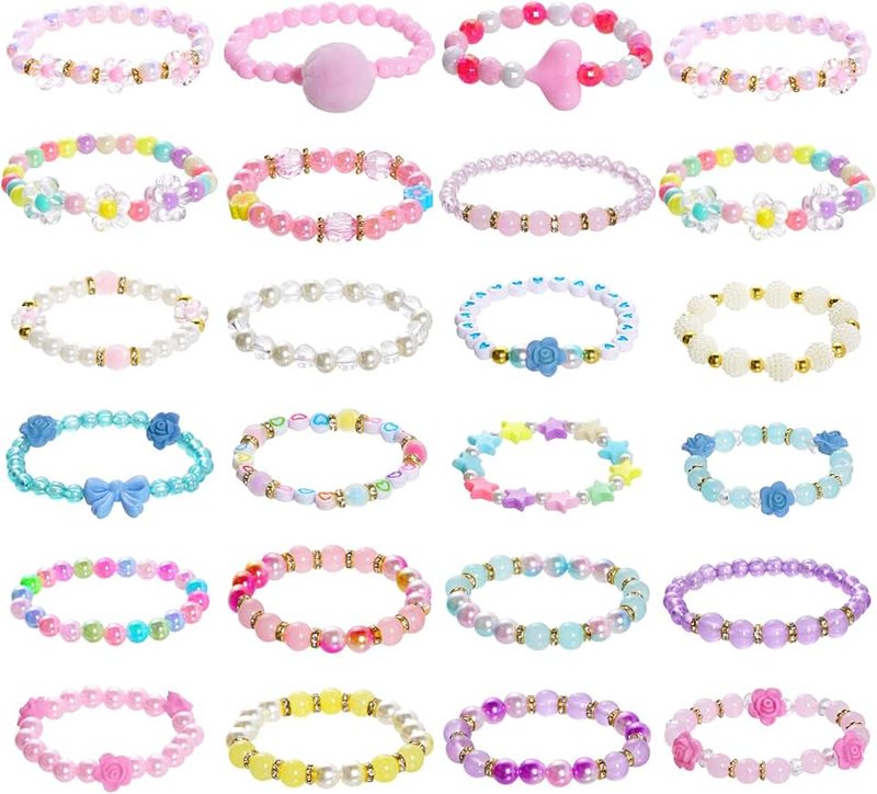 Dxhycc 24 Pieces Princess Bracelets Girl Beaded Bracelets Cute Rainbow Stretchy Bead Bracelets Girls Costume Jewelry Play Jewelry for Women Kids Dress Up Pretend Play Party Favors