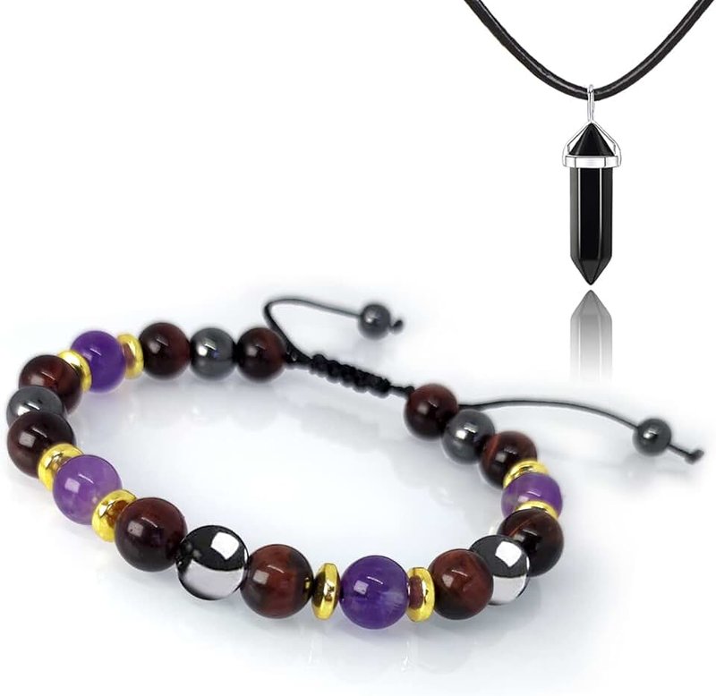 Hion Triple Protection Bracelet-Slimming Bracelet,Red Tiger Eye Purple Amethsyt Hematite Bracelet Set for Men Women