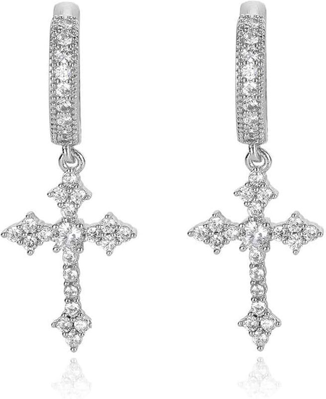 TKMIRA Cross Earrings for Men Women 14K Gold Plated Hypoallergenic Dangle Hoop Earrings Cubic Zirconia Earrings