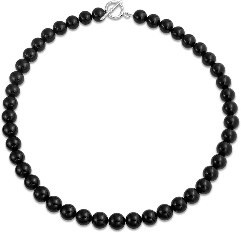 Bling Jewelry Plain Simple Basic Western Jewelry Classic Black Onyx Round 10MM Bead Strand Necklace For Women Teen Silver Plated Clasp 19 Inch