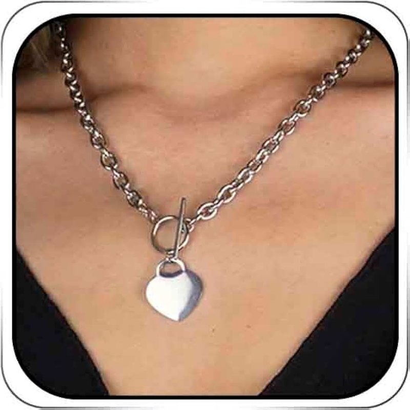 Avanlin Heart Toggle Necklace Silver Stainless Steel Pendant Choker Charm Necklaces Cable Chain Jewelry for Women Girls