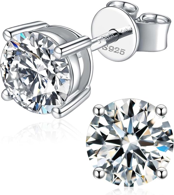 boya Moissanite Stud Earrings for Women,0.6-2ct 18K White Gold Plated Silver Friction Back and Post for Women Men, D Color VVS1 Round Lab Created Diamond Earrings Men
