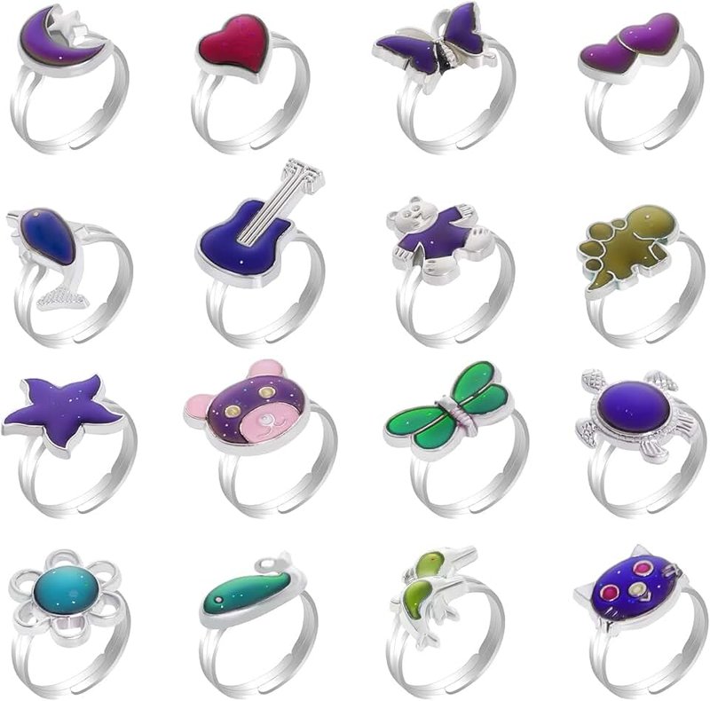 SUMERSHA 16Pcs Mood Rings for Kids Adjustable Color Changing Mood Rings for Women Girls Boys Birthday Party Favor Rings Halloween Costume Props, Metal
