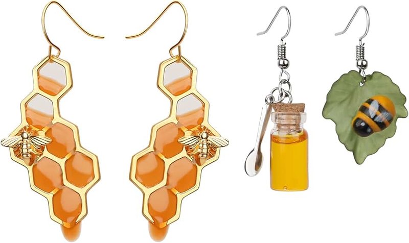 ZKBKJSPZJB Bumble Bee Earrings-Honeycomb Earrings For Women -Honey Jar Earrings Asymmetrical Earrings Bee Costume Women…