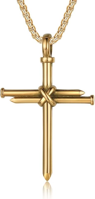 HattiDoris Nail Cross Necklace for Men Stainless Steel Chain 24inch 3 Nails Jesus Cross Pendant Christian Gifts for Dad 3 Colors