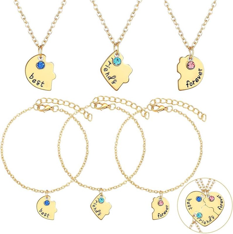 Bonuci 6 Pcs Best Friends Forever and Ever BFF Necklaces and Bracelet Printed Puzzle Broken Heart Pendant Necklaces Set Alloy Friendship Necklace Best Friend Jewelry for Connected Necklace