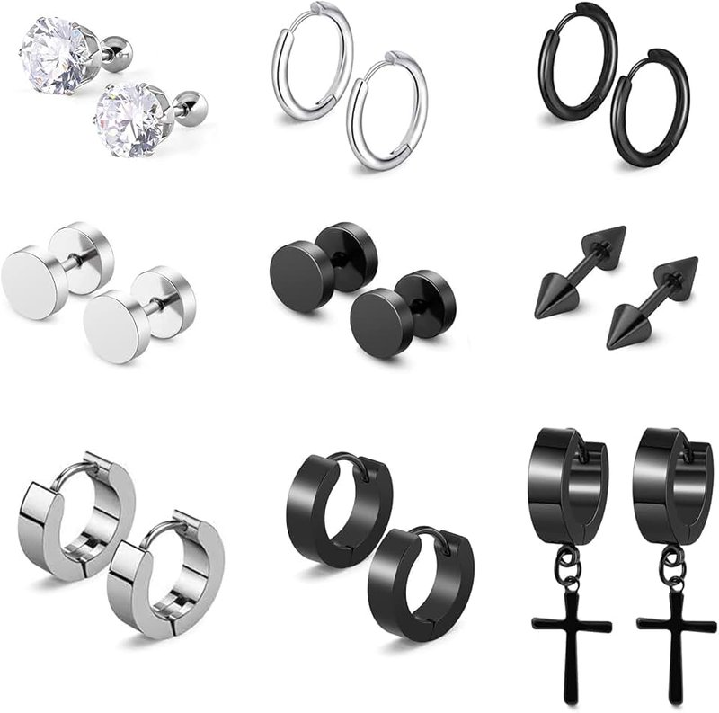 9 Pairs Earring Men Women Mens Earrings Stainless Steel, Round Earring Men Punk Punk Ear Studs Men's Earrings