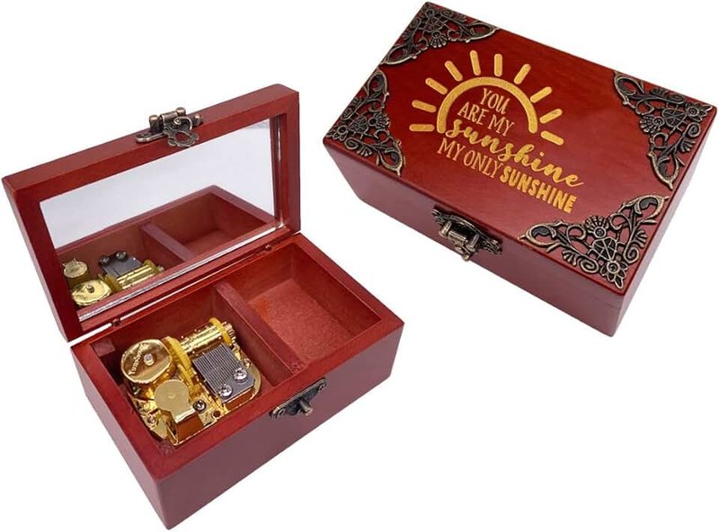 Youtang You are My Sunshine Jewelry Music Box with Mirror Laser Engraved Wood Musical Box Wind up Musical Gift Her Him Girlfriend Boyfriend (Melody: You are My Sunshine, Gold Movement)