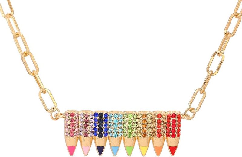 Fuqimanman2020 Colorful Funny Pencil Crystal Pendant Necklace Rhinestone Shining Teacher Professors Students Back To School for Women Girls Rainbow Teacher's Day Gift, Crystal Rhinestone, crystal, Crystal Rhinestone, crystal
