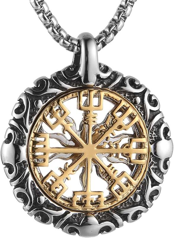 HZMAN Viking Vegvisir Norse Compass Stainless Steel Necklace Double-Sided Hollow Engraving Sun Totem Pendant Norse Amulet Jewelry