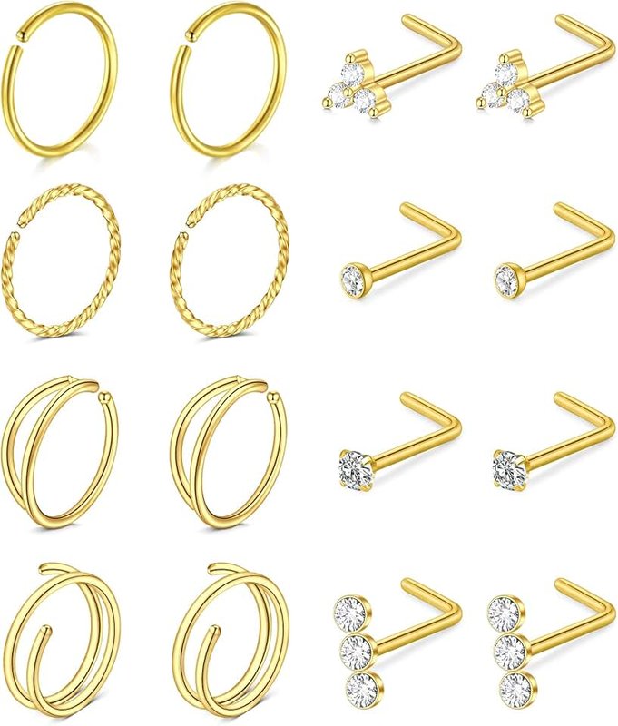 MODRSA Nose Rings Nose Rings Hoops Nose Ring Surgical Steel Nose Piercings Jewelry Double Hoop Nose Rings for Women Silver Gold Nose Rings 20 Gauge