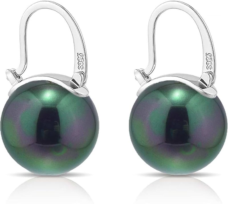 HUGE TOMATO Purple Pearl Drop Earrings, 14mm Elegant Big Pearl Earrings S925 Silver Pin Clasp for Women Fashion, Dangle Hoop Earrings for Gift