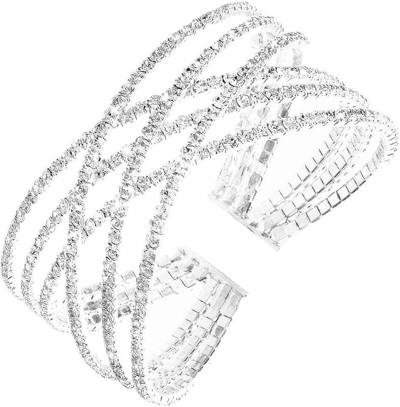 Jojomina MultiLayer Crystal Rhinestone Cuff Bracelet For Women Girls Silver Strand Layered Bridal Bracelet Jewelry for Prom Party Wedding Dating