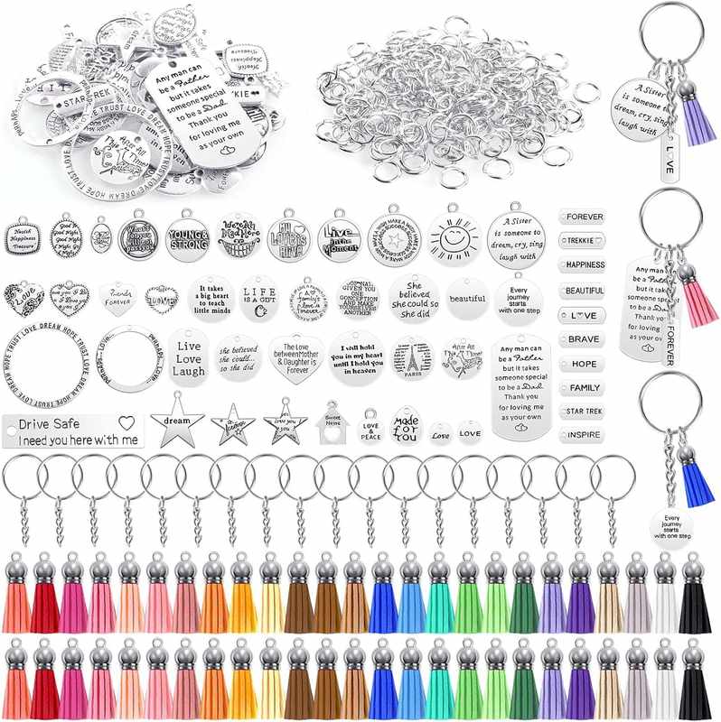 Audab 350Pcs Motivational Keychain Accessories with Inspirational Word Charms Tassels Keyring Chain for Keychain Making Supplies