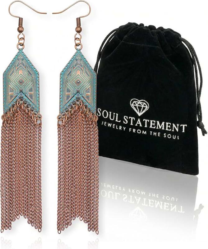 Soul Statement Vintage Country Western Jewelry for Women: Dangle Boho Turquoise & Bronze Patina Earrings with Long Copper Tassel Chains | Dangle Earring Set, Cowgirl Style Geometric Concert Festival Accessories