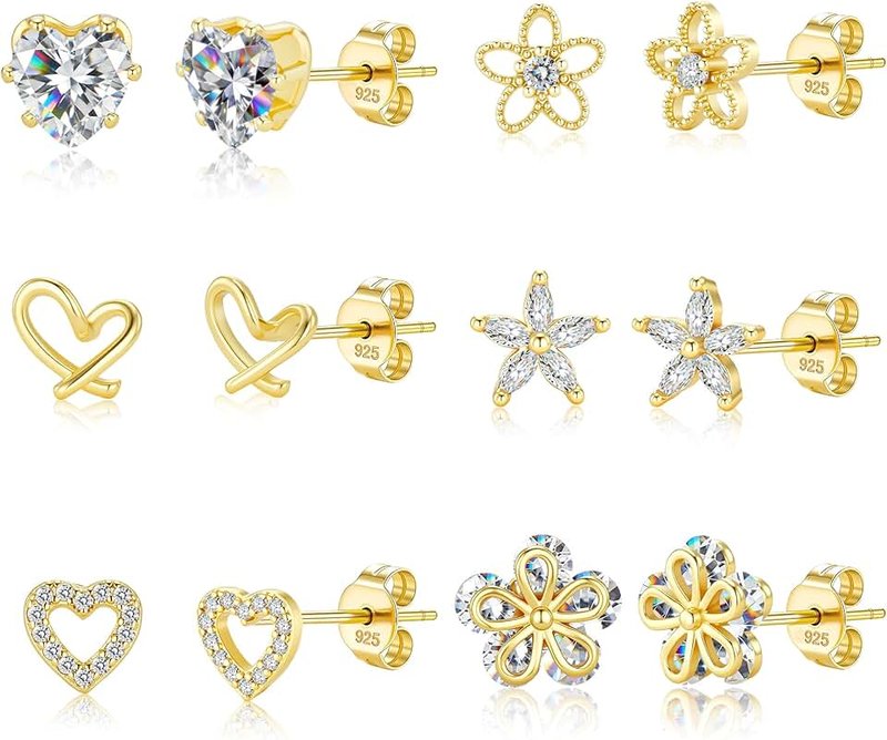 ALEXCRAFT ALEXCRAFT Small Gold Stud Earrings 6 Pairs Cute Stud Earrings for Women Cubic Zirconia Earrings Studs 14k Gold Plated Heart Stud Earrings for Girls Hypoallergenic Stud Earrings Pack